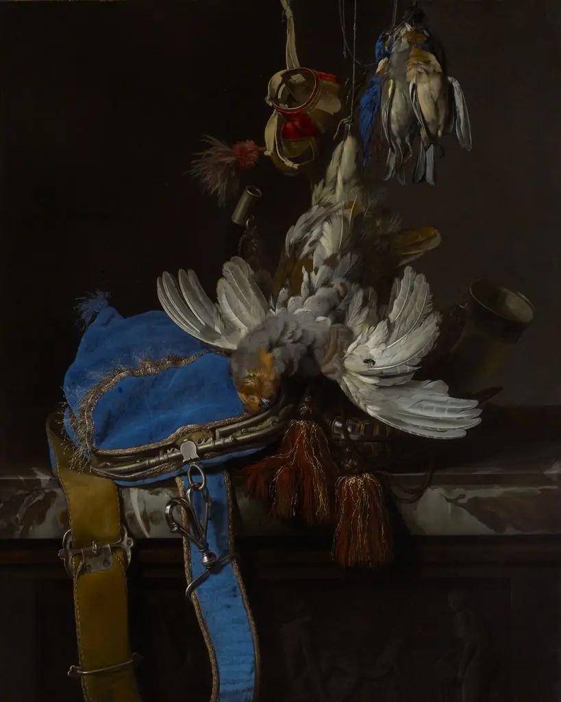 Hunt Still Life with a Velvet Bag on a Marble Ledge, by Willem van Aelst
