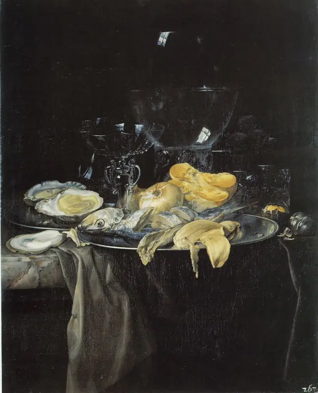 Seafood, Onion, and Glassware, by Willem van Aelst