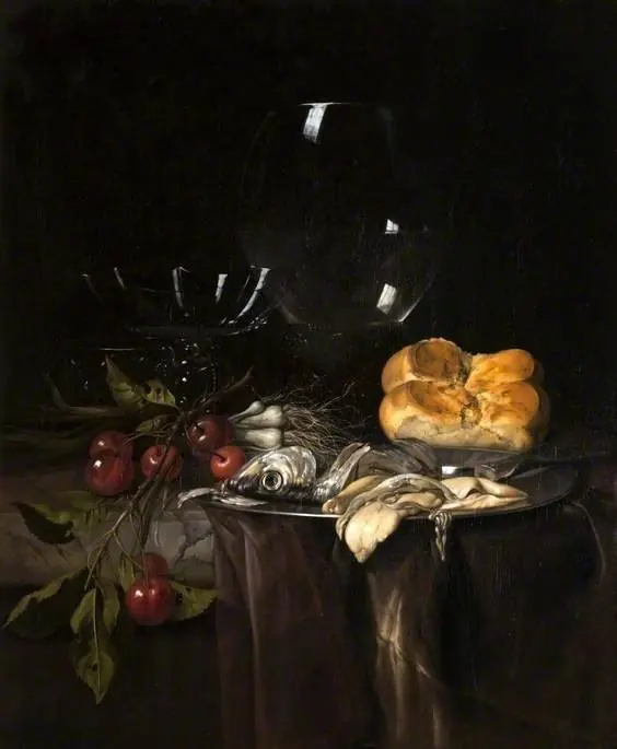Still Life: Herring, Cherries and Glassware, by Willem van Aelst