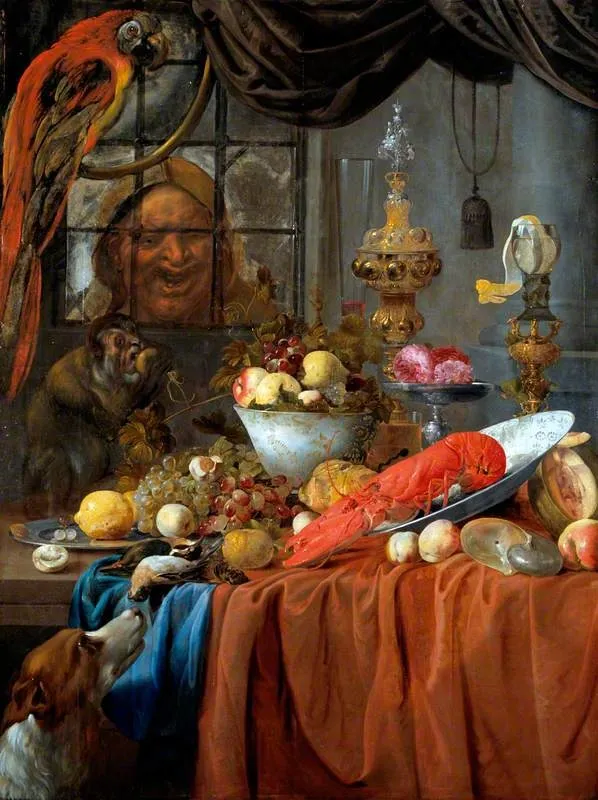 Still Life with Fruit, Lobster and Silver Vessels, by Willem van Aelst, oil, 1663