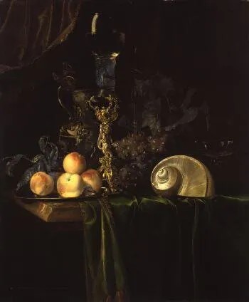 Still life with luxury vessels and fruits on a dark table cloth