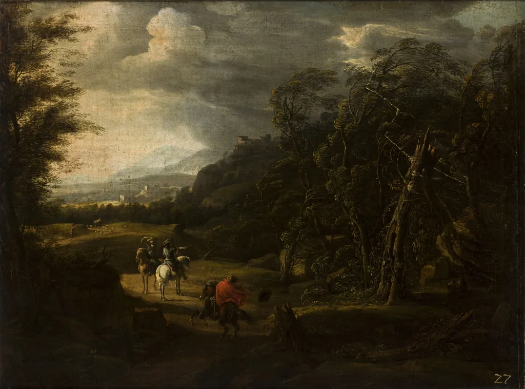 Landscape with Horsemen, by Willem van Bemmel, oil, 1679