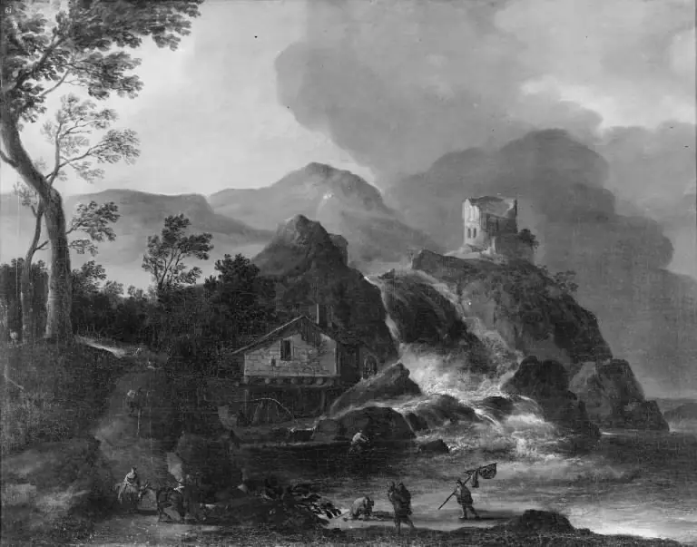 Mountain Landscape with a Watermill and Castle Ruins, by Willem van Bemmel