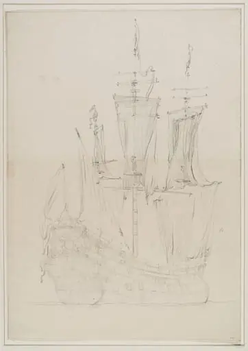 A Dutch Ship, possibly the Amsterdam; Quarter View, with the sails hanging loose, by Willem van de Velde the elder