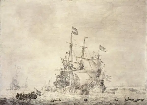 A Sea-piece with a Dutch Merchant Ship and a Swedish Flute, by Willem van de Velde the elder