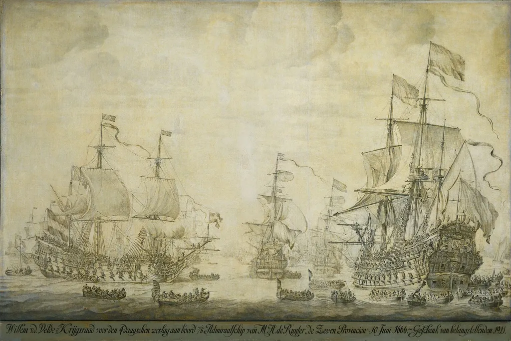 "Council of War aboard 'The Seven Provinces' the Flagship of Michiel Adriaensz de Ruyter, 10 June 1666, preceding the Four Days' Battle, by Willem van de Velde the elder, unspecified, 1666