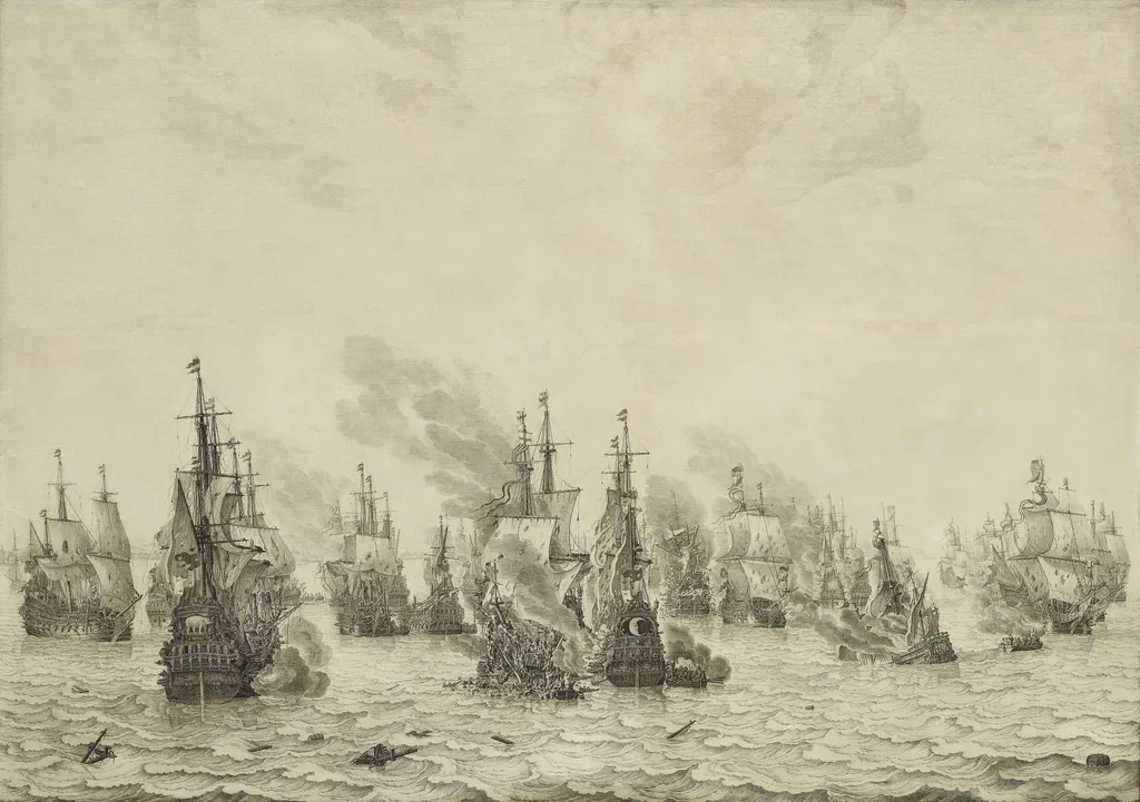The Batlle of Livorno, 14 March 1653: episode from the First Anglo-Dutch War (1652-54), by Willem van de Velde the elder, ink, 1654