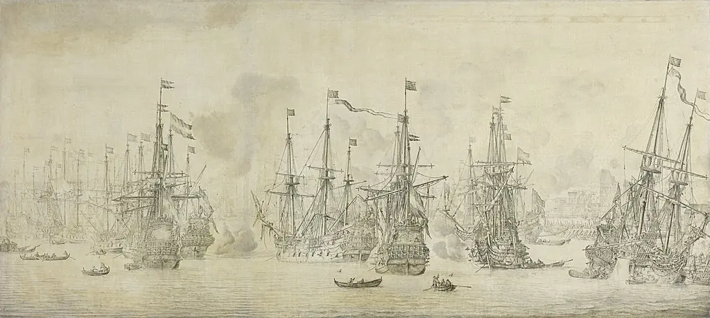 The unsuccessful English attack against the returning Dutch fleet in the harbor of Bergen, Norway, 12 August 1665: episode from the Second Anglo-Dutch War (1665-67), by Willem van de Velde the elder