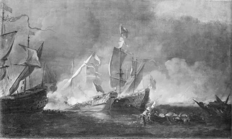 A Turkish Galley in an Encounter with two British Warships, by Willem van de Velde the Younger, oil, 1672