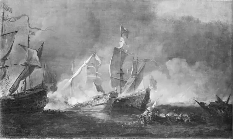 A Turkish Galley in an Encounter with two British Warships, by Willem van de Velde the Younger