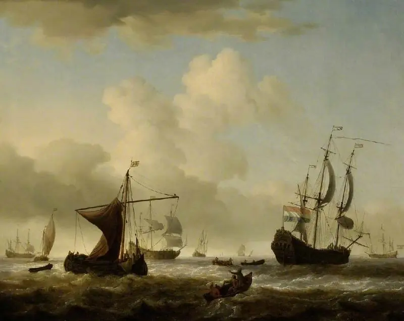 Dutch men o'war and other shipping in choppy seas, by Willem van de Velde the Younger