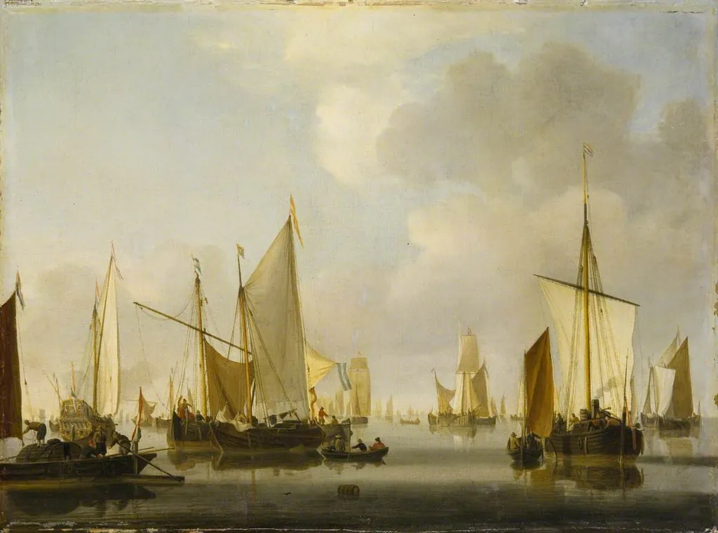 Fishing Boats in a Calm, by Willem van de Velde the Younger, oil, 1658