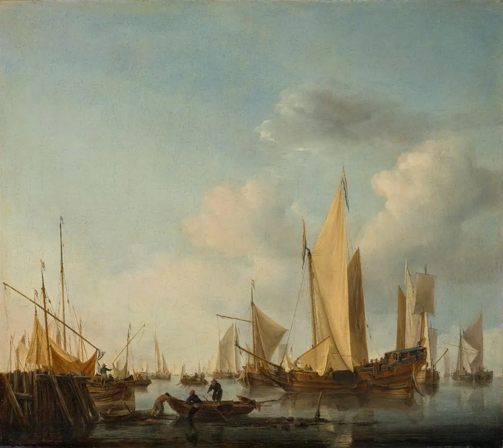 Ruhige See. Eine Staatsjacht, Segelschiffe und Fischerboote vor der Küste, by Willem van de Velde the Younger