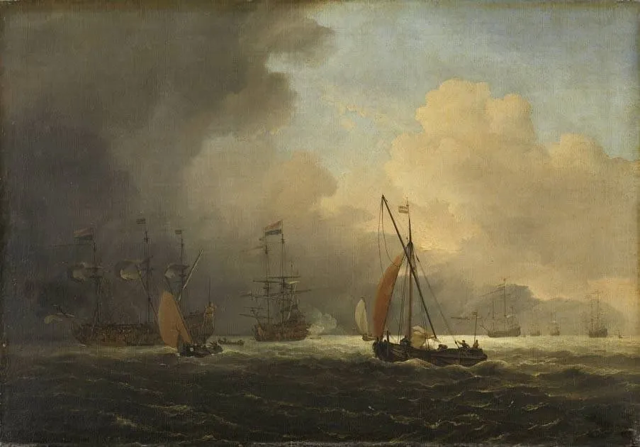 Sea storm with a rising thunderstorm, by Willem van de Velde the Younger, oil, 1672