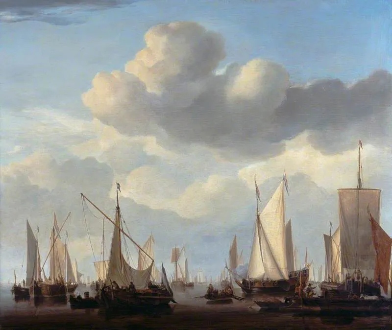 Shipping in a Calm, by Willem van de Velde the Younger, oil, 1673