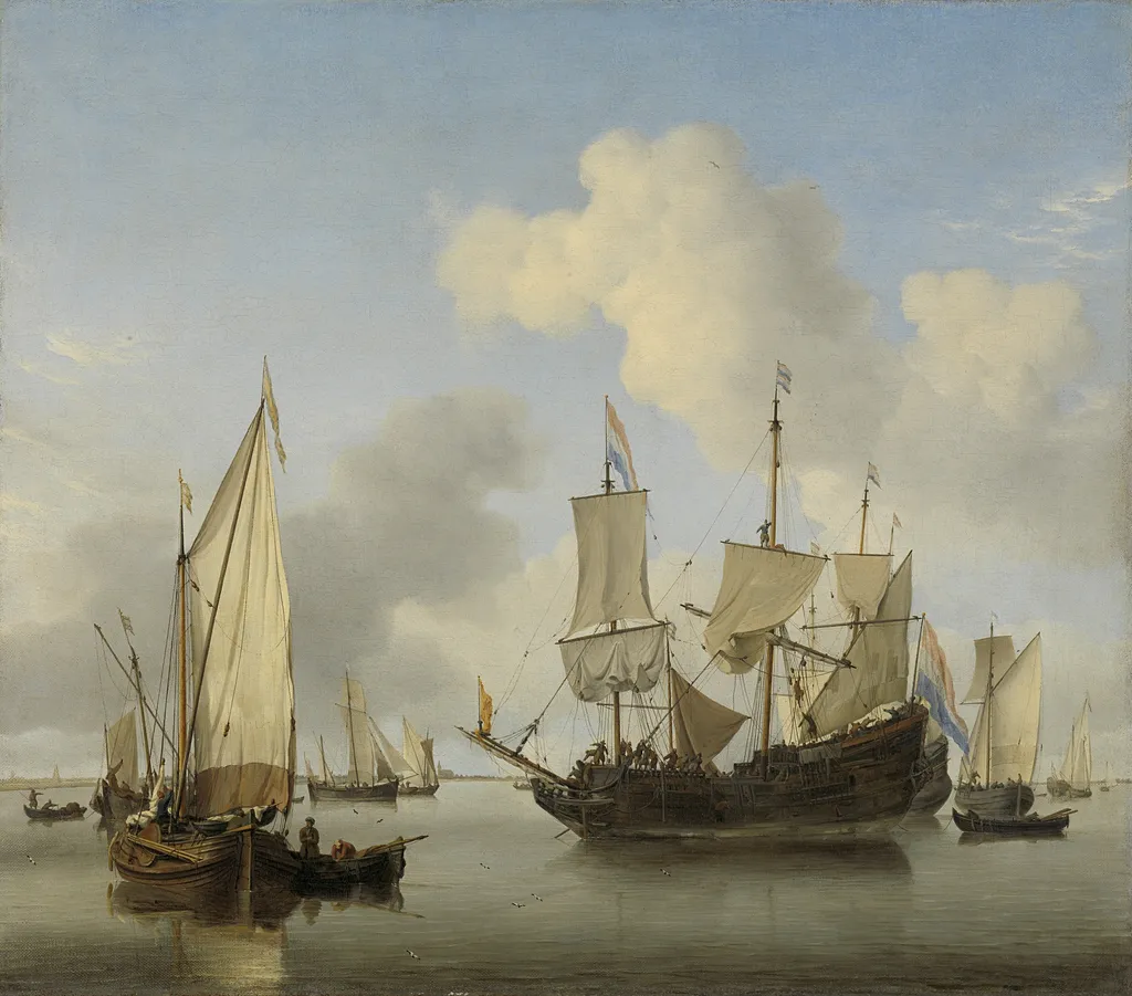 Ships anchored offshore, by Willem van de Velde the Younger, oil, 1660
