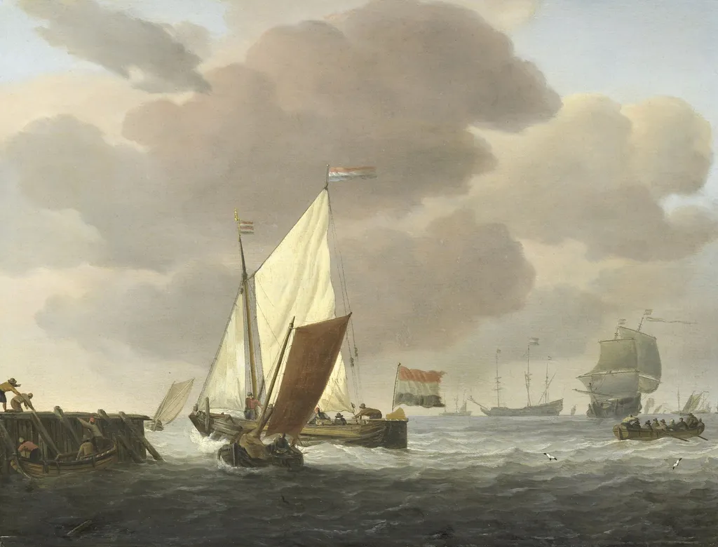 Ships near the shore in a stiff breeze, by Willem van de Velde the Younger, oil, 1670