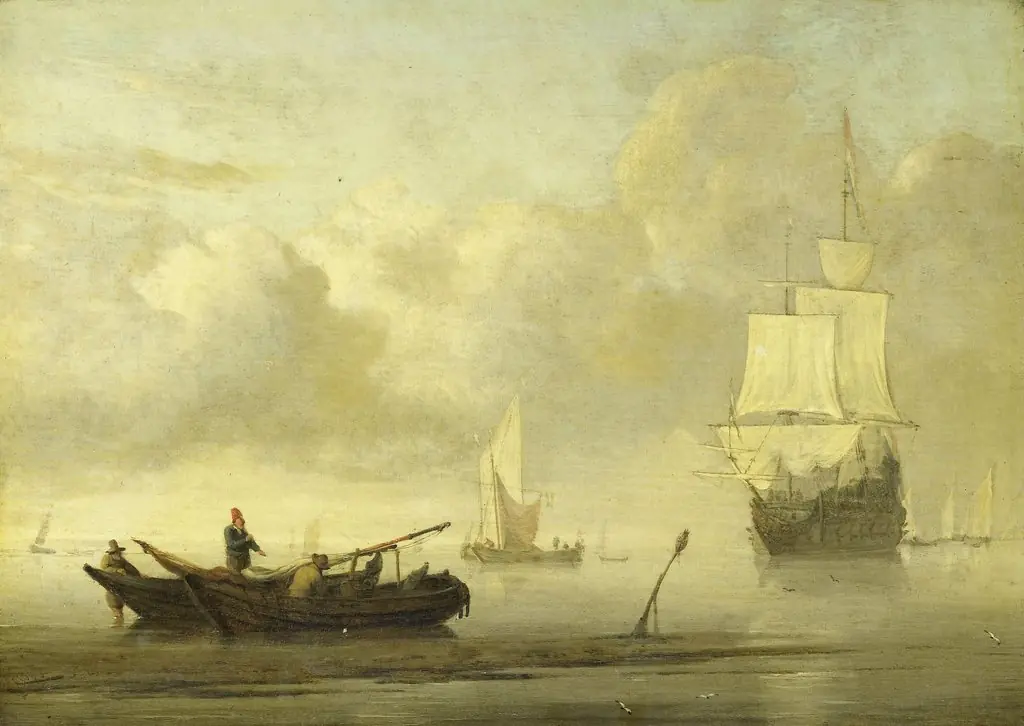 Ships off the coast in calm weather, by Willem van de Velde the Younger