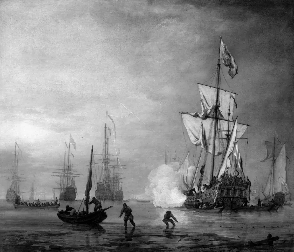 The gun salute from a sailing frigate, by Willem van de Velde the Younger