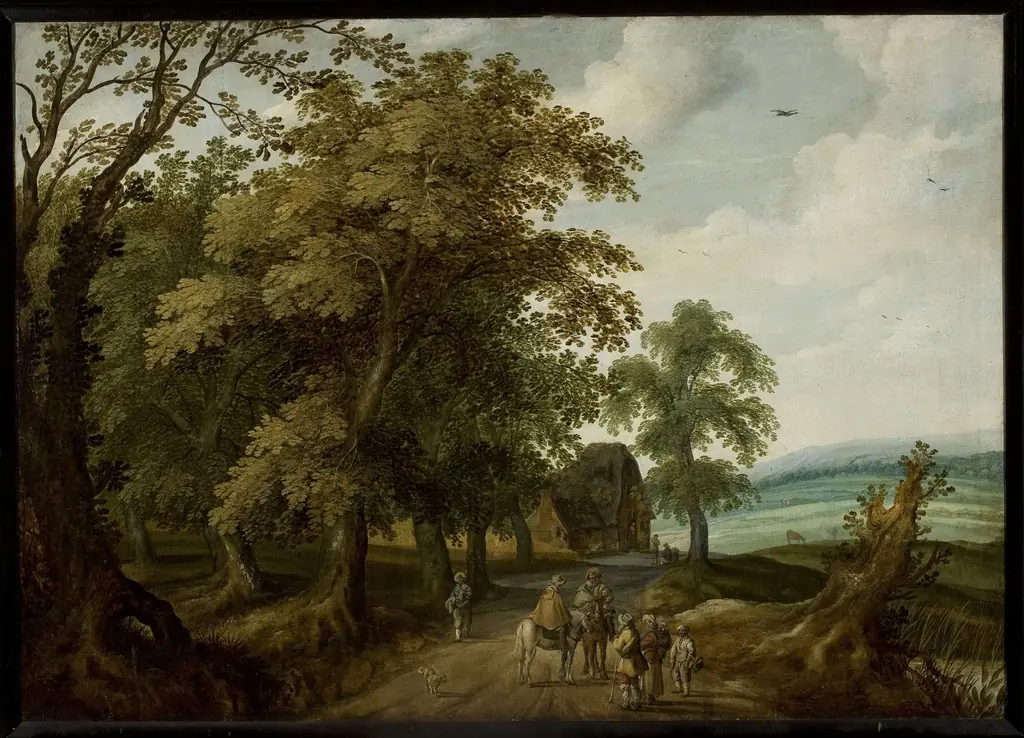 Landscape with travellers on the road, by Willem van den Bundel