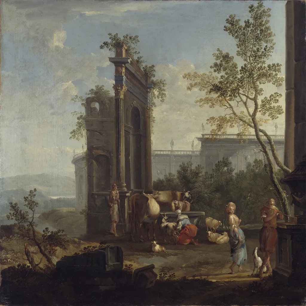 A Capriccio with Pastoral Figures and Animals, by Willem Van der Hagen, oil, 1732
