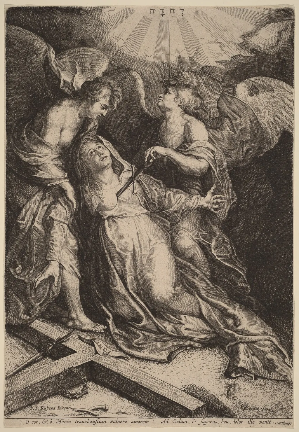 Mater Dolorosa Kneeling, Supported by Two Angels, by Willem van der Leeuw, ink, 1634