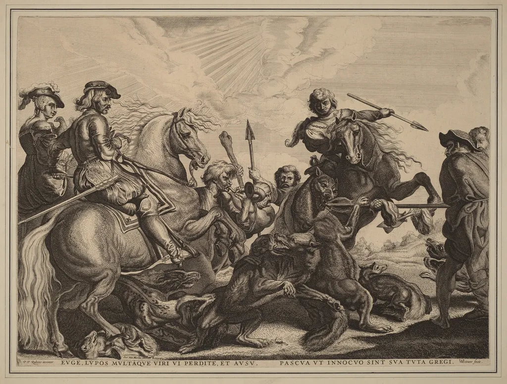 The Wolf Hunt, by Willem van der Leeuw, ink, 1634