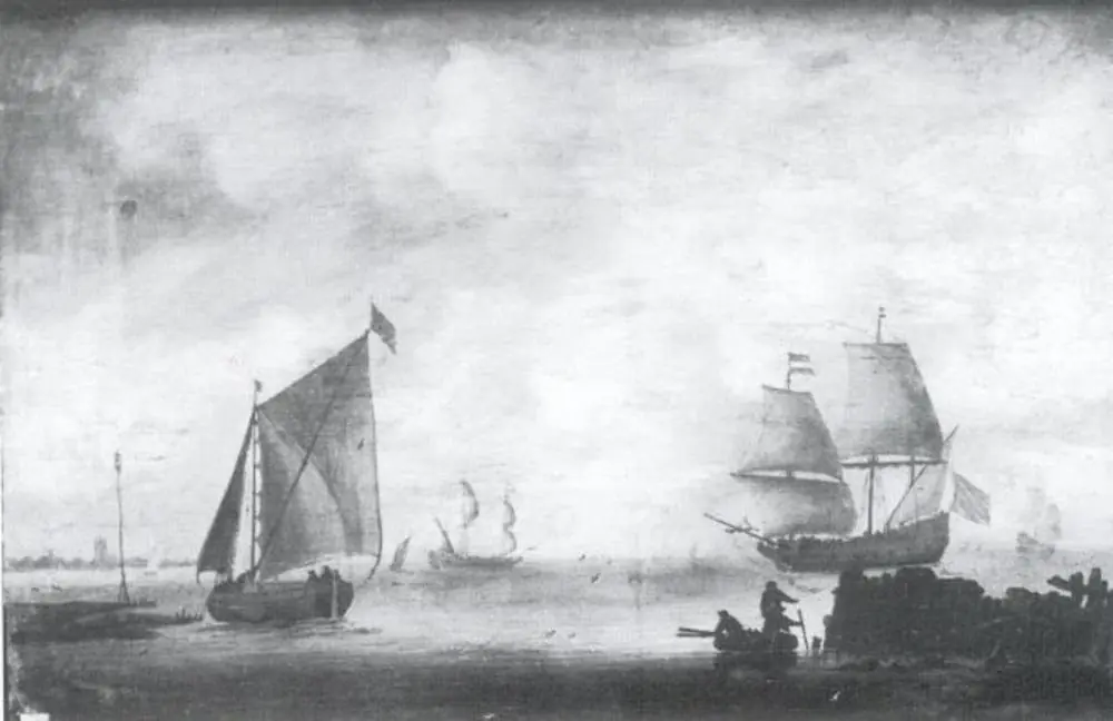 Sailing-ships in the Mouth of a River, by Willem van Diest