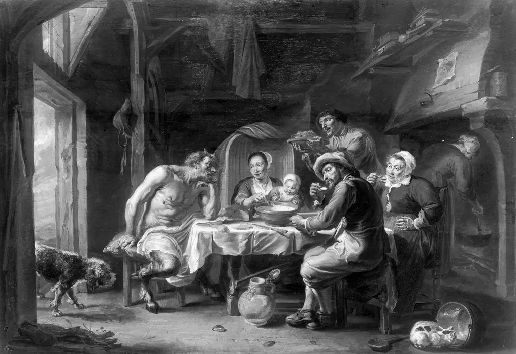 The satyr with the peasant family, by Willem van Herp, paint