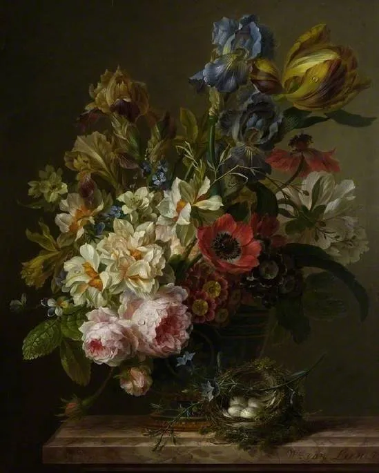 Bowl of flowers, by Willem van Leen, oil, 1799