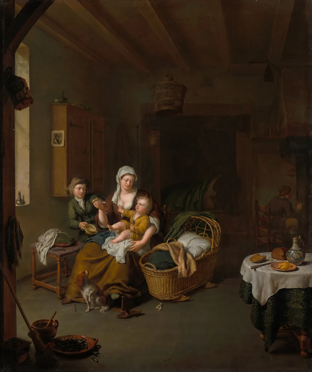 A Mother Feeding her Child (The Happy Mother), by Willem van Mieris, oil, 1707