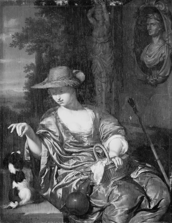 A Shepherdess with a Dog, by Willem van Mieris, oil, 1693