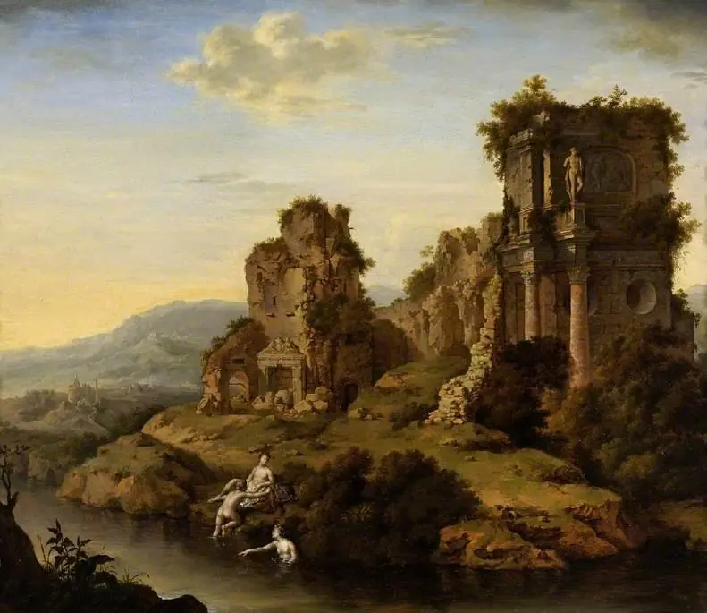Landscape with ruins, nymphs bathing, by Willem van Mieris