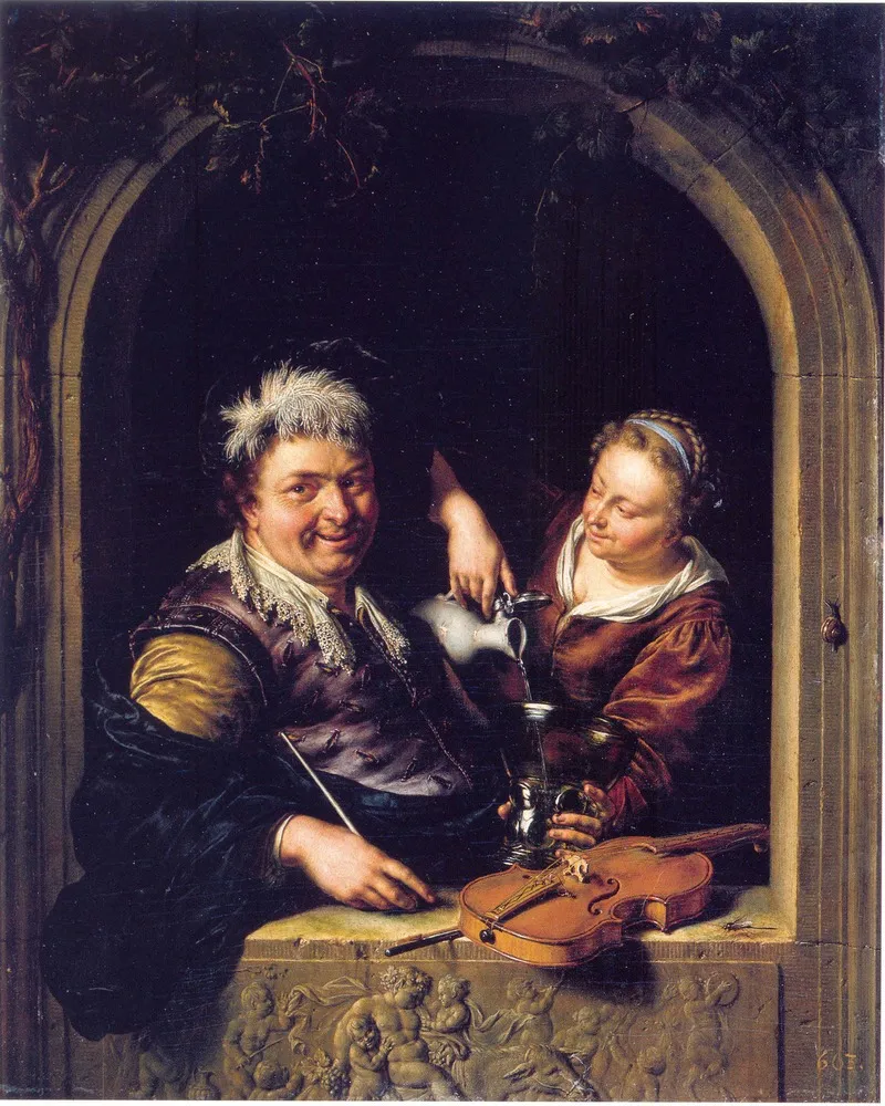 Violinplayer and a Servant in a Window, by Willem van Mieris, oil, 1700
