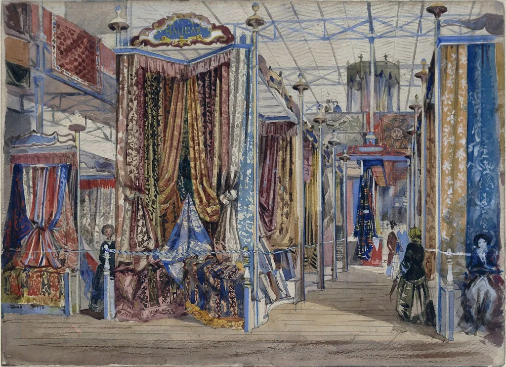 Display of fabric in the Halifax and Kendal courts at The Great Exhibition of 1851, by William Alfred Delamotte, watercolor, 1851