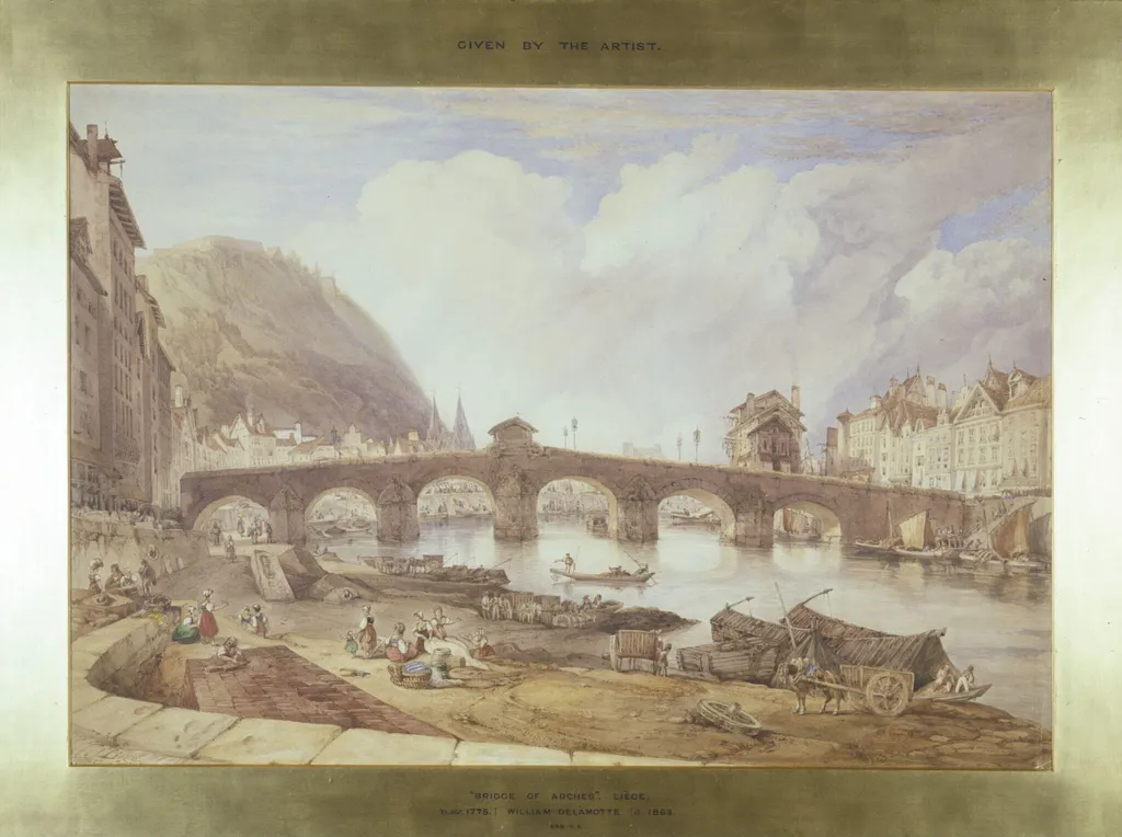 Liege: the Bridge of Arches, by William Alfred Delamotte, watercolor, 1837