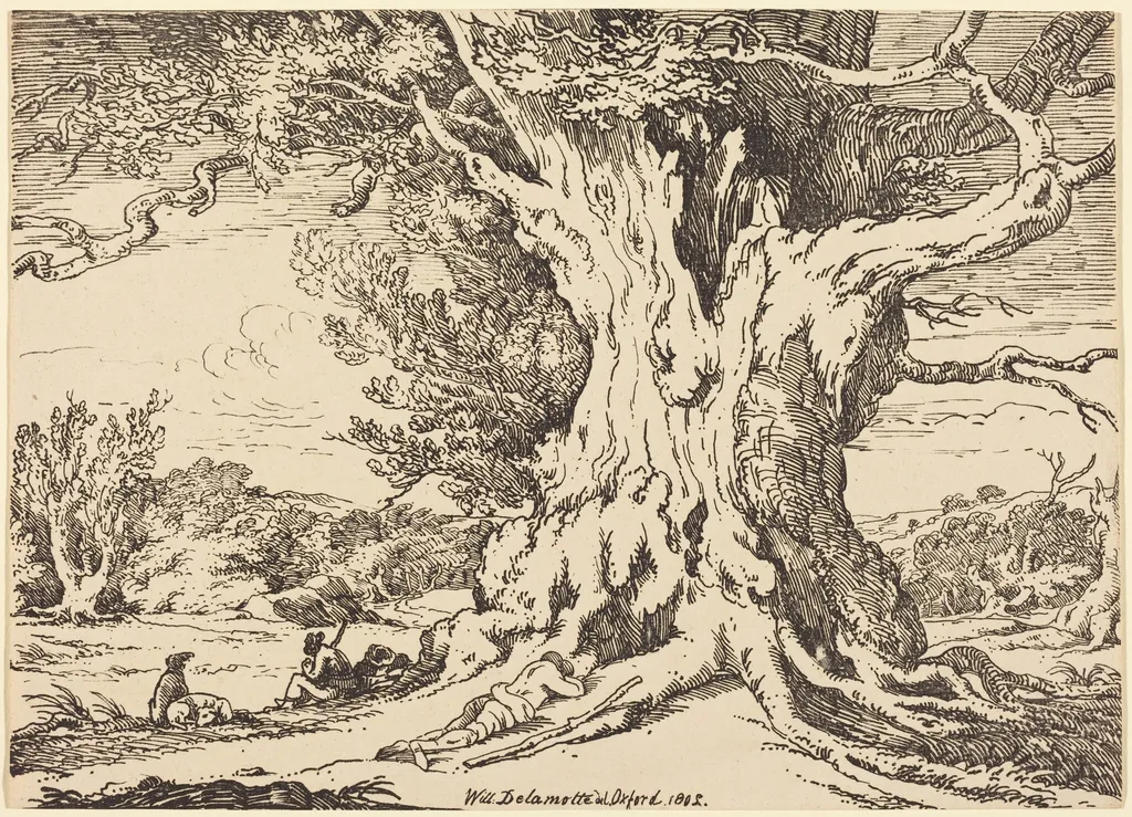 Resting, Men and Dogs under a Big Tree, by William Alfred Delamotte, ink, 1802