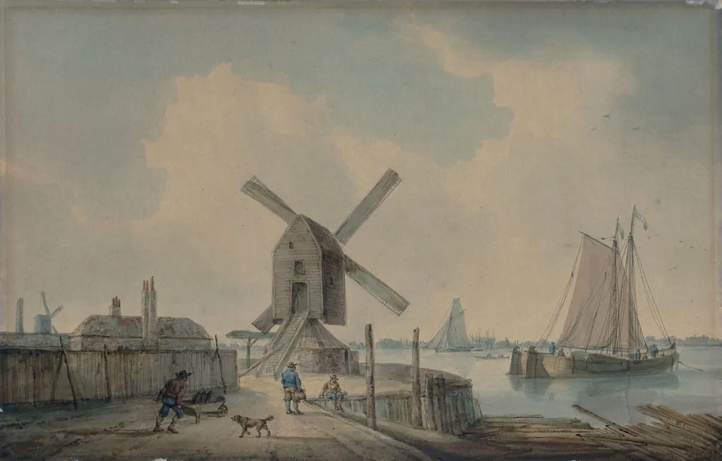 A Shore Scene with Windmills and Shipping, by William Anderson, watercolor, 1800