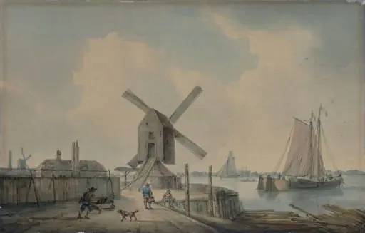 A Shore Scene with Windmills and Shipping, by William Anderson