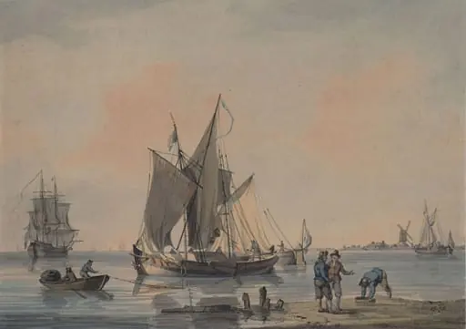 Coast scene with shipping and figures, by William Anderson