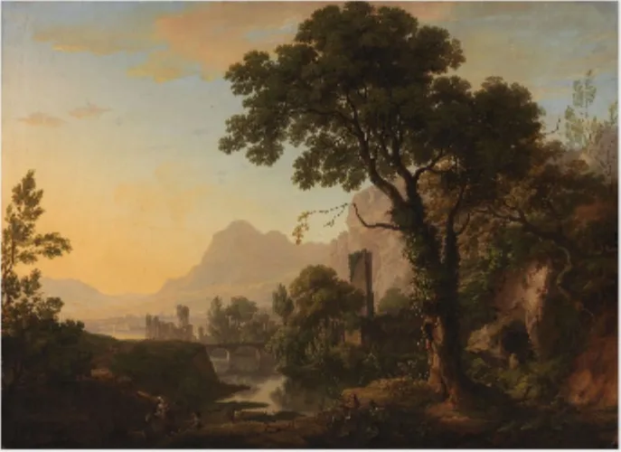 An Idyllic Landscape, by William Ashford, oil, 1790