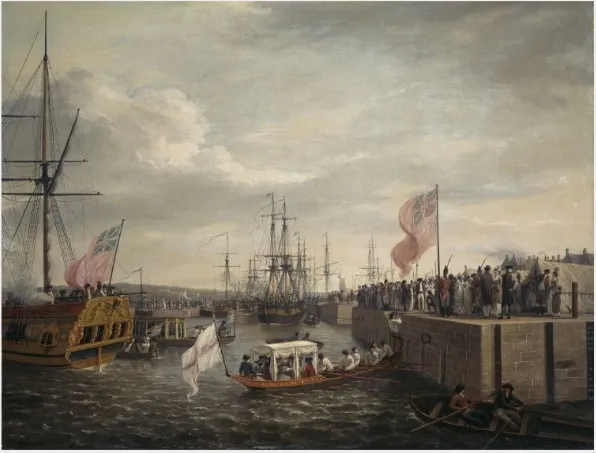 Opening of the Ringsend Docks, Dublin, 23 April 1796, with Lord Camden Conferring Knighthood on Mr John Macartney, by William Ashford, oil, 1798