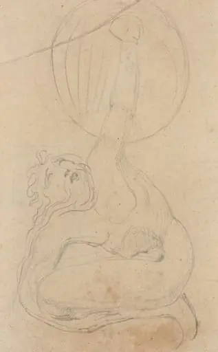 A Crouching Figure Holding a Shield [verso], by William Blake