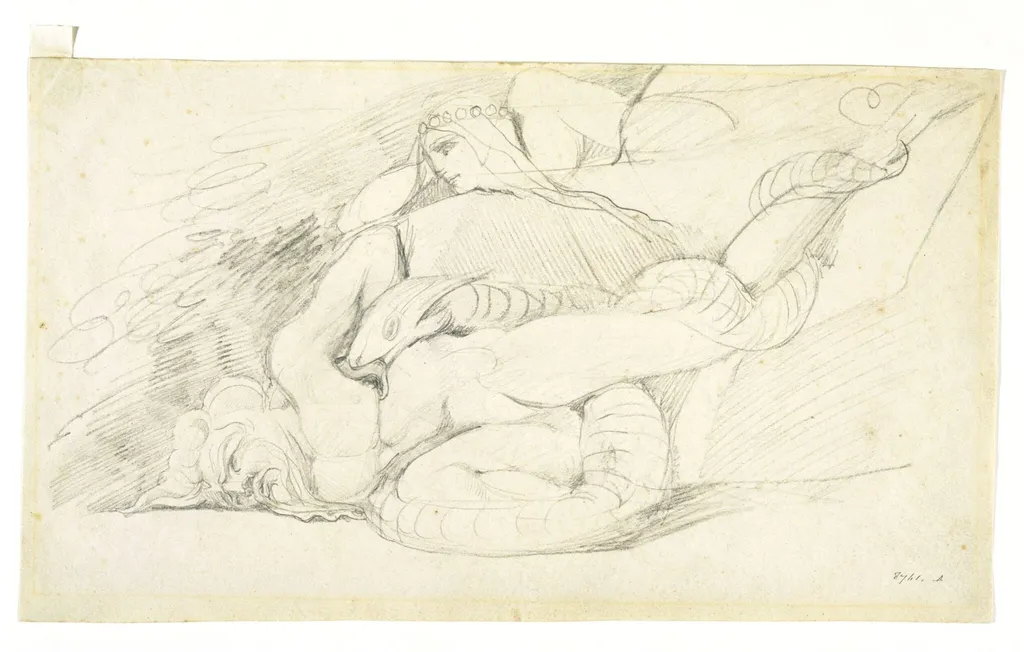 A woman gazing at the prostate body of a man, around which a serpent is coiled, by William Blake, 1750