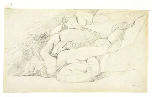 A woman gazing at the prostate body of a man, around which a serpent is coiled, by William Blake