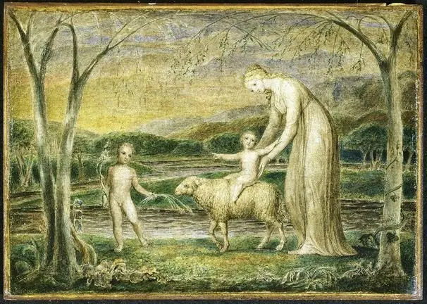 Our Lady with the Infant Jesus riding on a Lamb, by William Blake