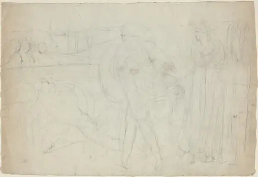 Sketch of a Swordsman Standing Over His Defeated Opponent [recto], by William Blake