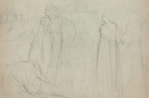 Sketch of a Swordsman Standing Over His Defeated Opponent [verso], by William Blake