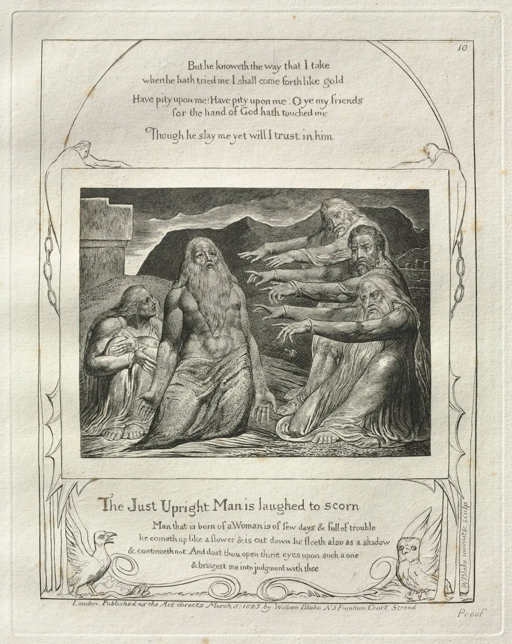 The Book of Job: Pl. 10, The Just Upright Man is laughed to scorn, by William Blake, 1825