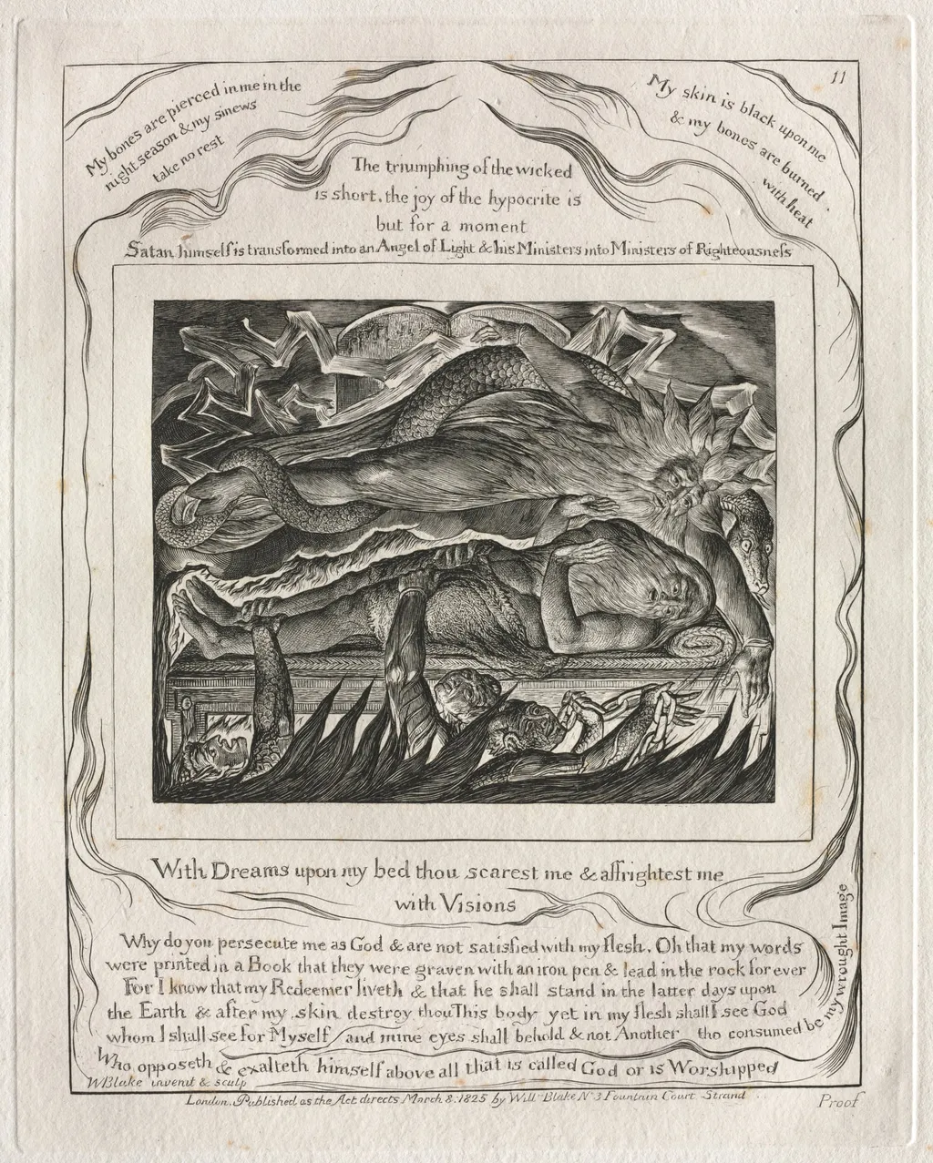 The Book of Job: Pl. 11, With Dreams upon my bed thou scarest me and affrightest me, by William Blake, 1825